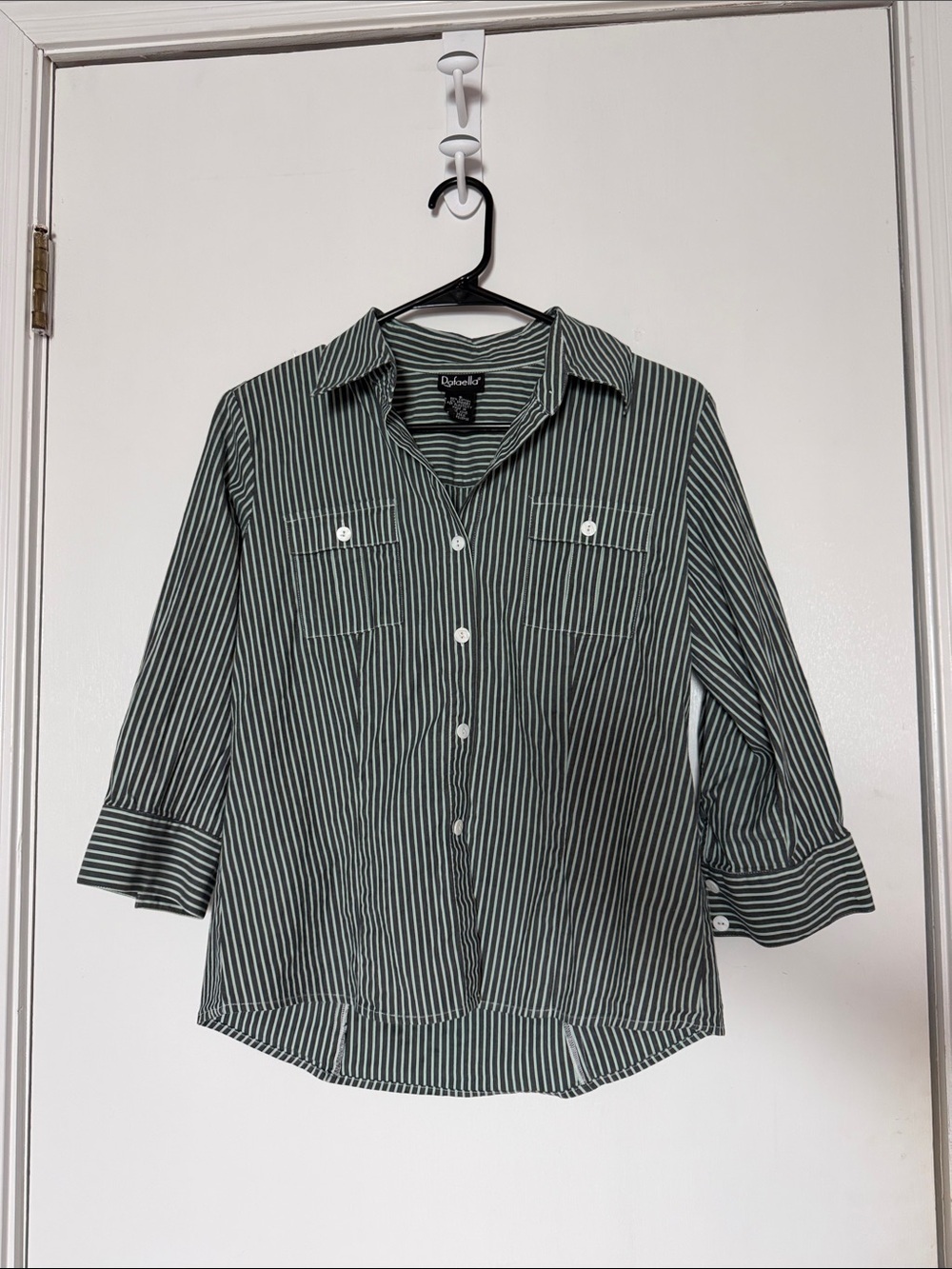 Rafaella- Green & White Vertical Stripe Button-Down Shirt- size 6